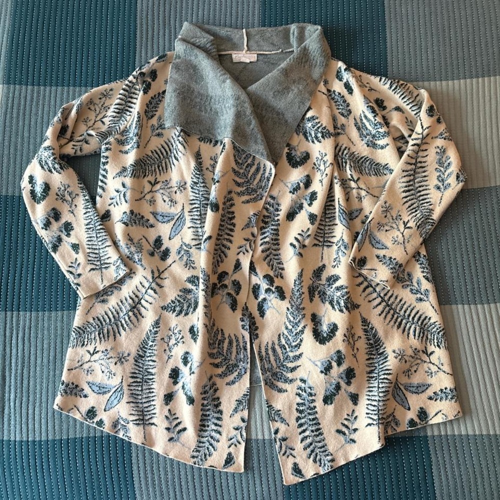 Cozy Magnolia Grace open-front cardigan with fern + botanical print